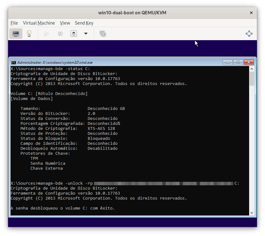 Desbloqueando o Bitlocker usando o manage-bde