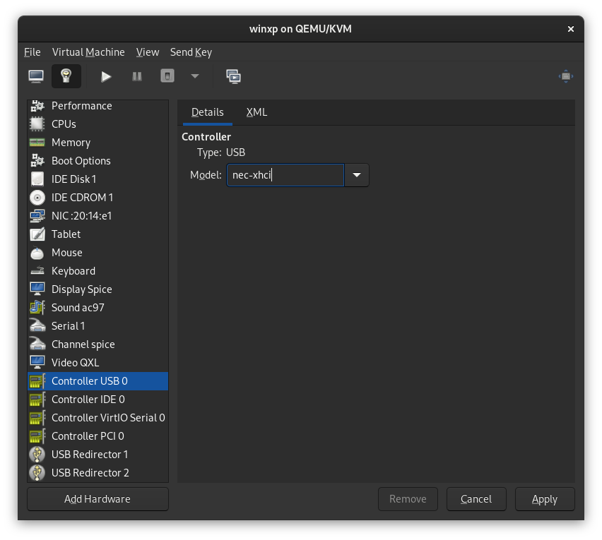 virt-manager - Mudando o modelo do controlador USB para nec-xhci