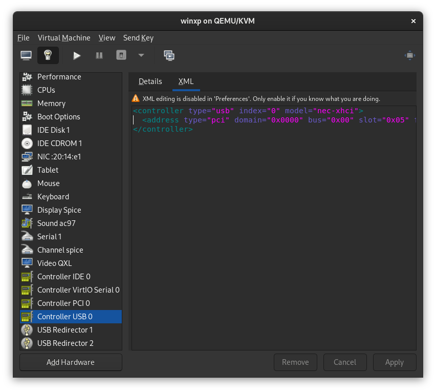 virt-manager - Controlador USB alterado internamente para nec-xhci